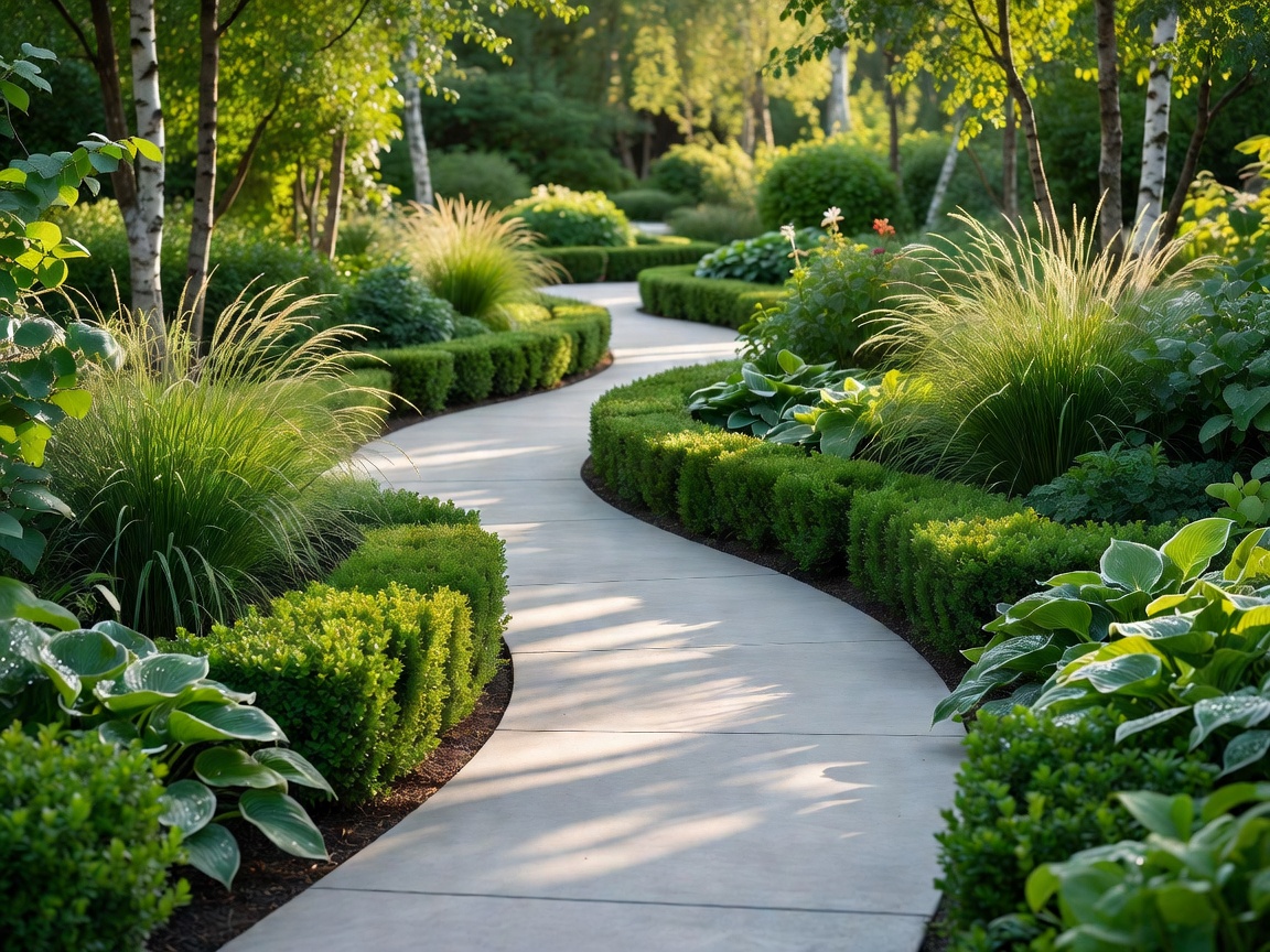 Beautifully landscaped modern garden path with lush green planting and natural sunlight