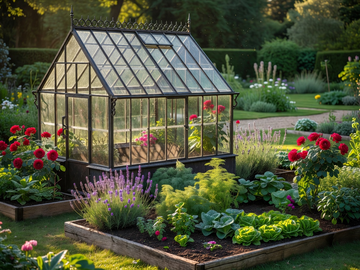 Classic glass and metal greenhouse surrounded by garden beds