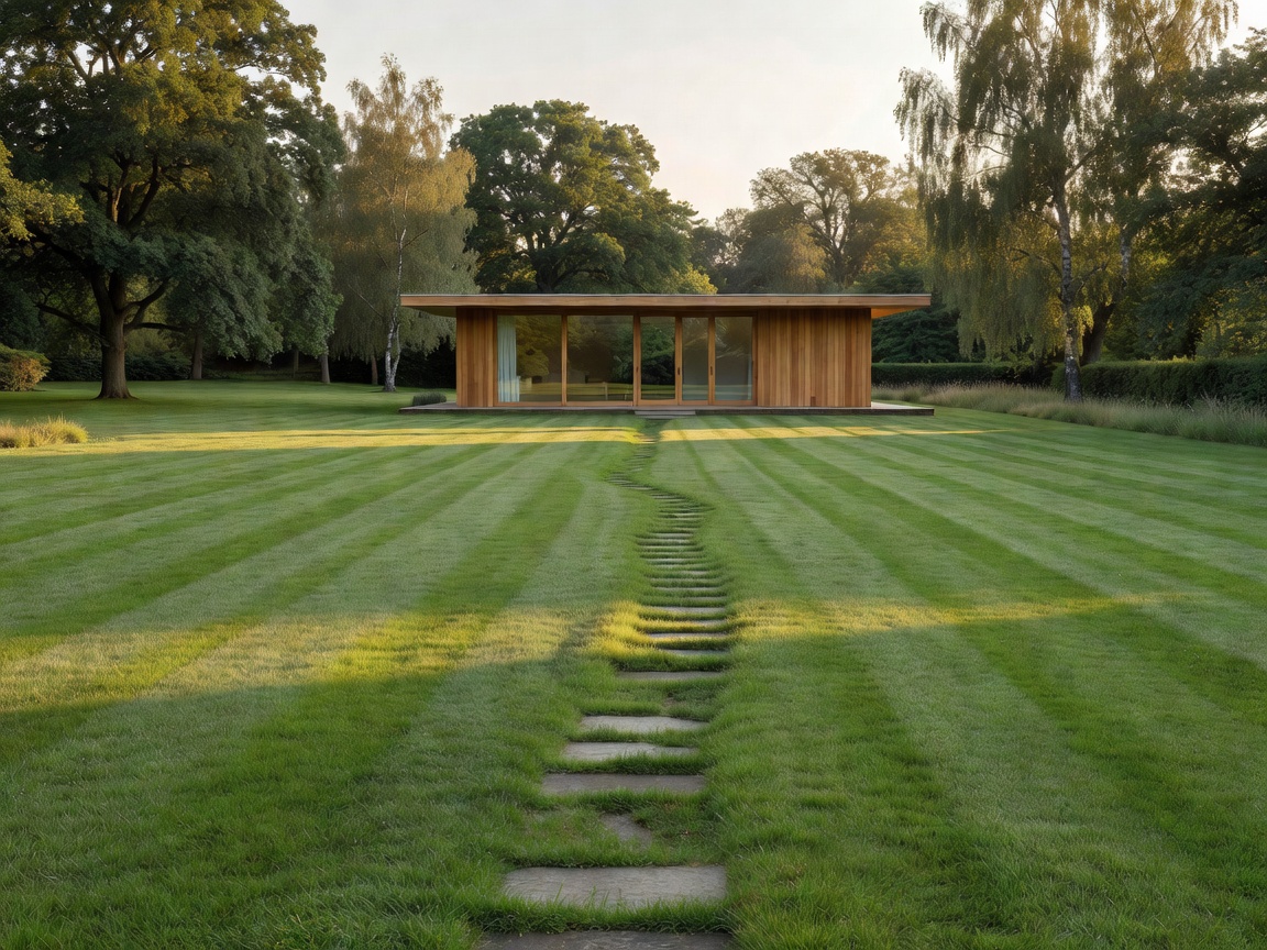 Modern timber garden studio situated at the end of a long lawn