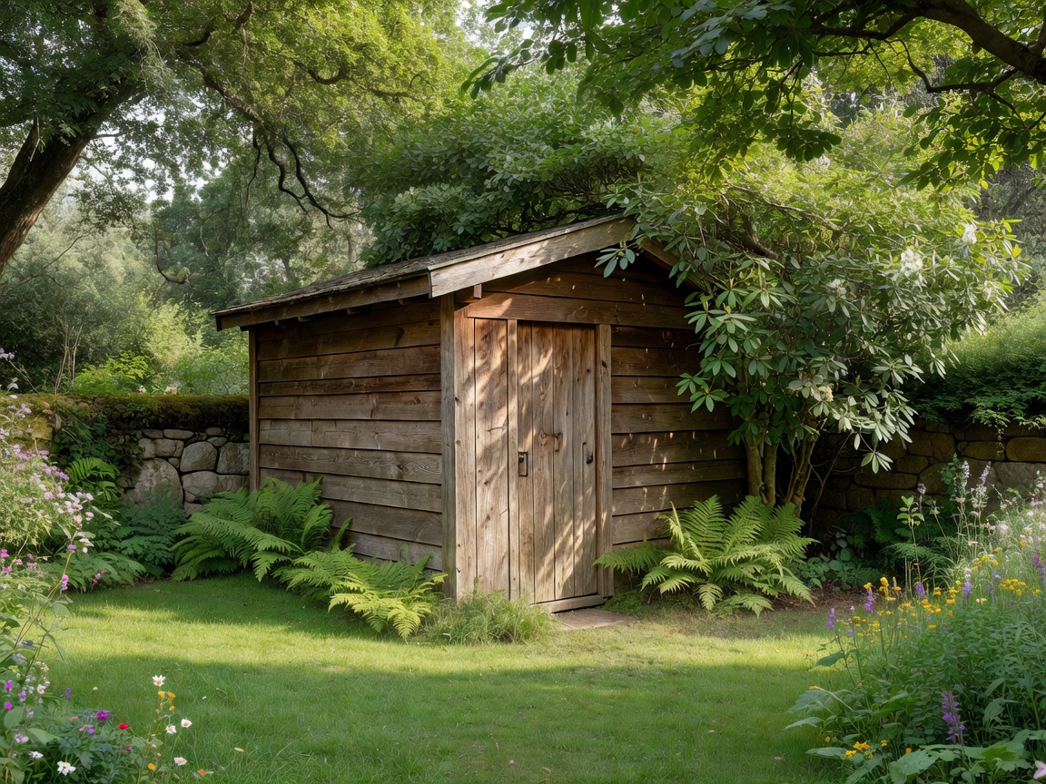 Practical timber storage building tucked neatly into a garden corner