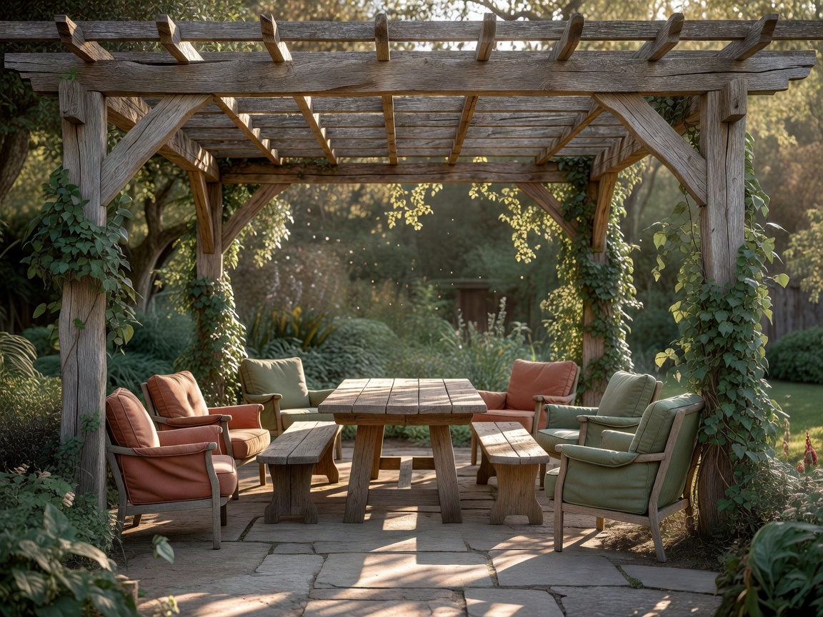 Wooden pergola providing dappled shade over an outdoor patio seating area